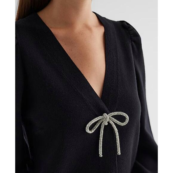 Express Bow Cardigan Sweater Women Large Black Puff Sleeve Embellished Knit Luxe - Picture 2 of 10